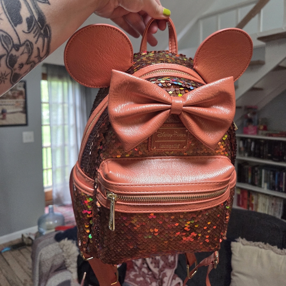 Disney Park Loungefly Minnie Mouse Sequined Mini Backpack Peach Punch